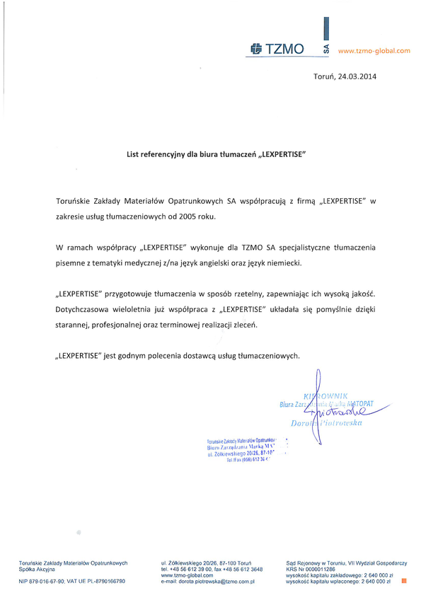Referencja od firmy Toruńskie Zakłady Materiałów Opatrunkowych S.A.