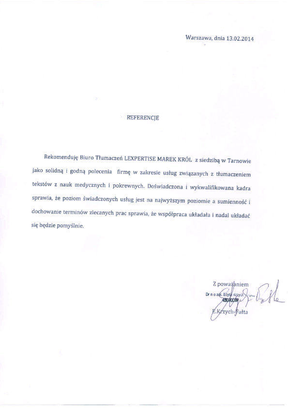 Referencja od firmy pracownik naukowy, dr n medycznych