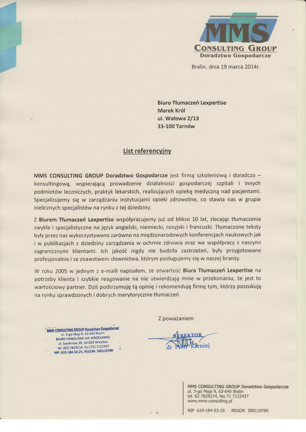 Referencja od firmy MMS CONSULTING GROUP Doradztwo Gospodarcze