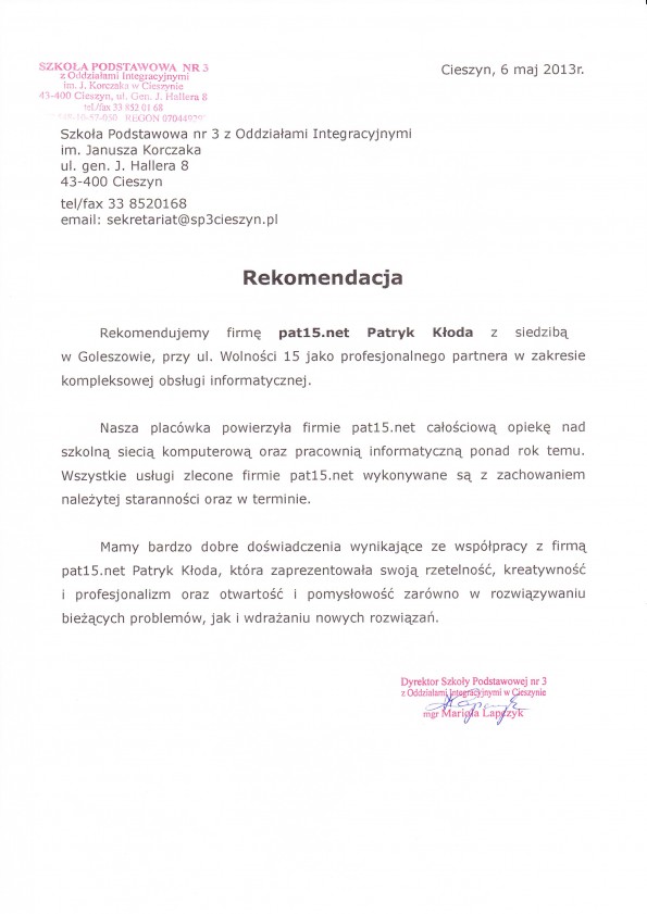 Referencja od firmy Szkoła Podstawowa nr 3 w Cieszynie