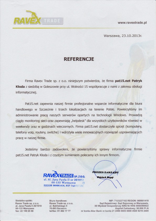 Referencja od firmy Ravex Trade sp. z o.o.