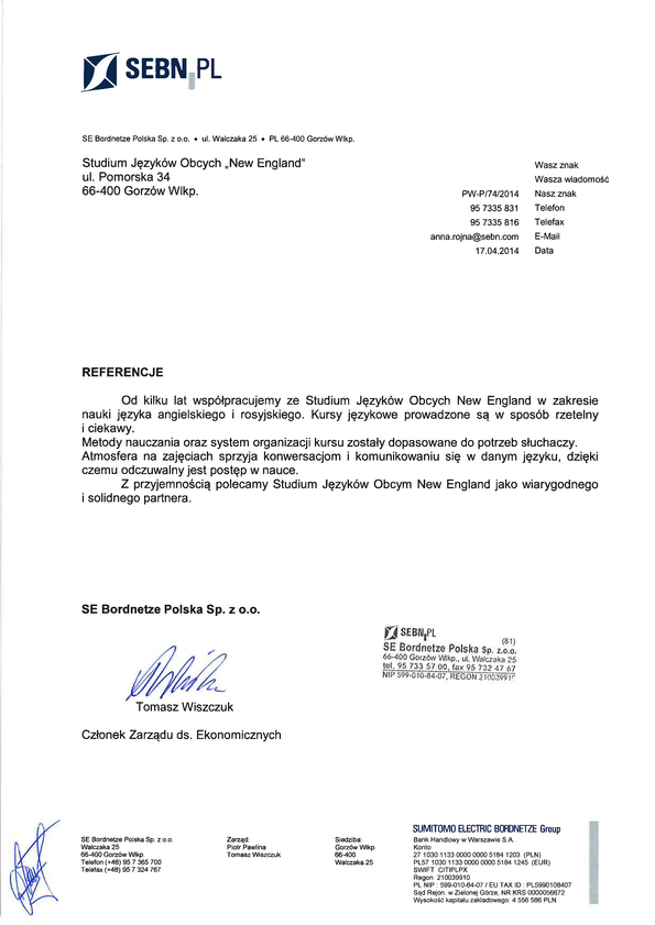 Referencja od firmy SE Bordnetze Polska Sp. z o.o.