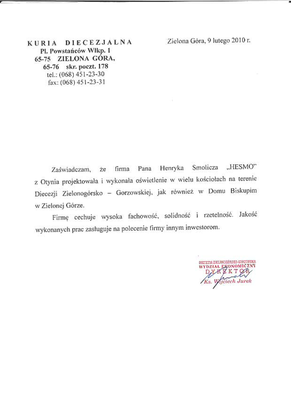 Referencja od firmy Kuria Diecezjalna Zielona Góra