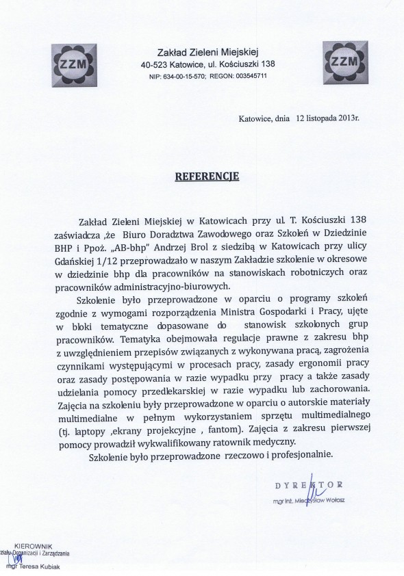 Referencja od firmy Zakład Zieleni Miejskiej w Katowicach