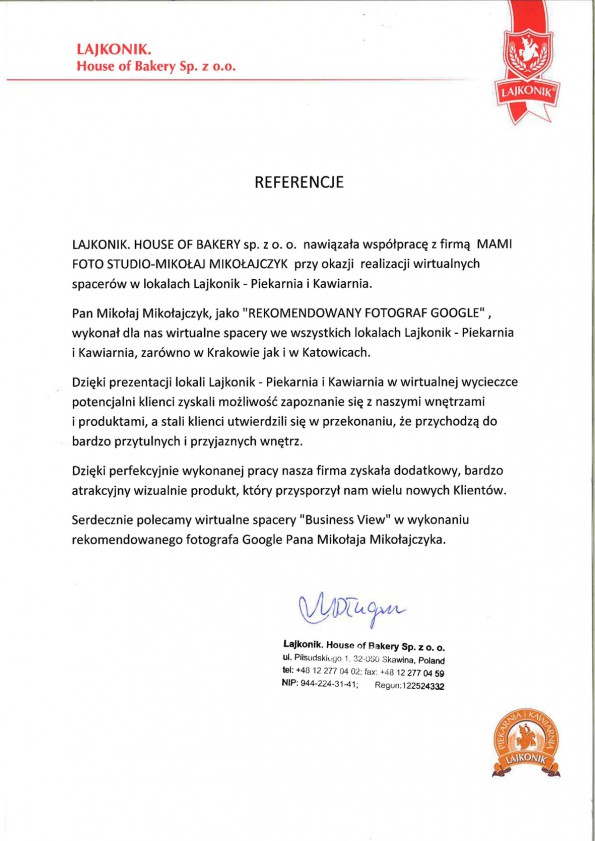 Referencja od firmy LAJKONIK-HOUSE OF BAKERY
