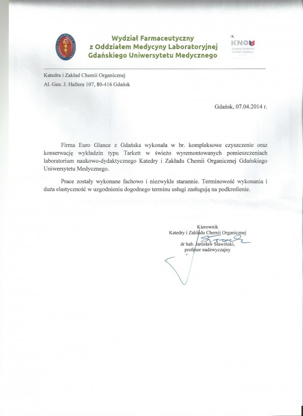 Referencja od firmy Katedra I Zakład Chemii Organicznej w Gdańsku