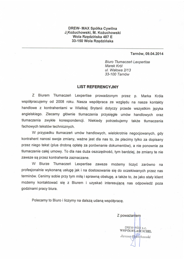 Referencja od firmy Drew-Max Spółka Cywilna