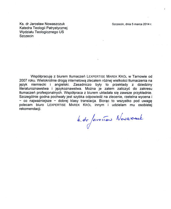 Referencja od firmy Ks. dr Jarosław Nowaszczuk
