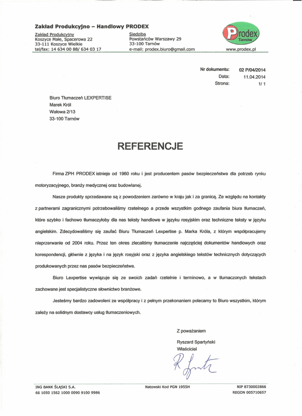 Referencja od firmy Zakład Produkcyjno-Handlowy Prodex