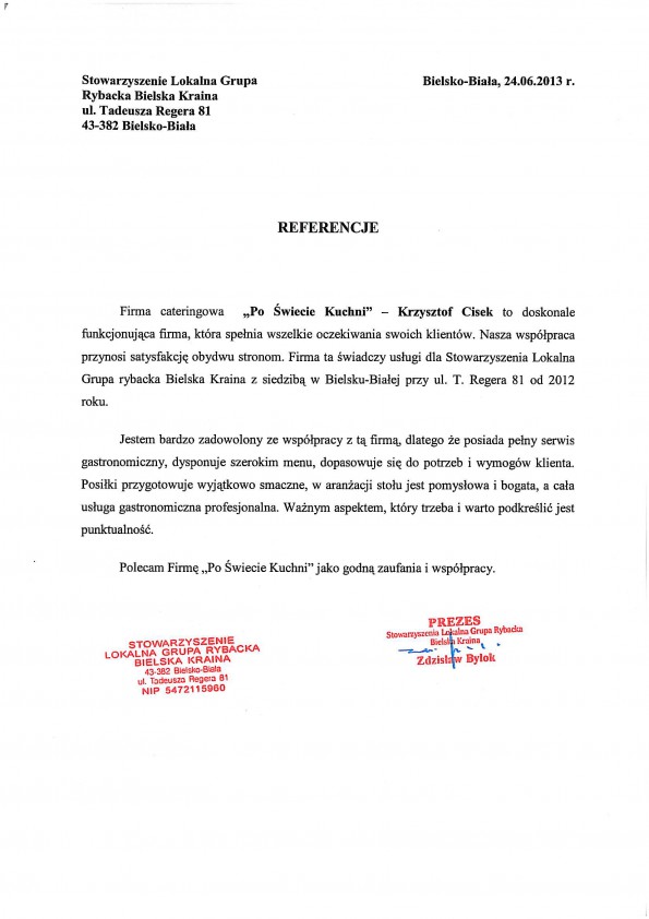 Referencja od firmy Bielska Kraina - Lokalna Grupa Rybacka