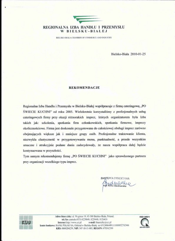 Referencja od firmy Regionalna Izba Handlu i Przemysłu w Bielsku-Białej