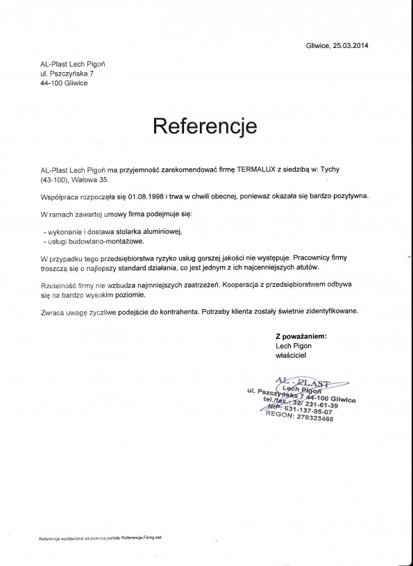 Referencja od firmy AL-PLAST Lech Pigoń