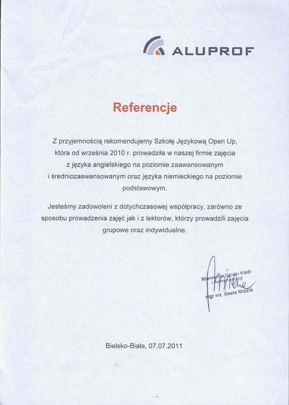 Referencja od firmy Aluprof S.A.