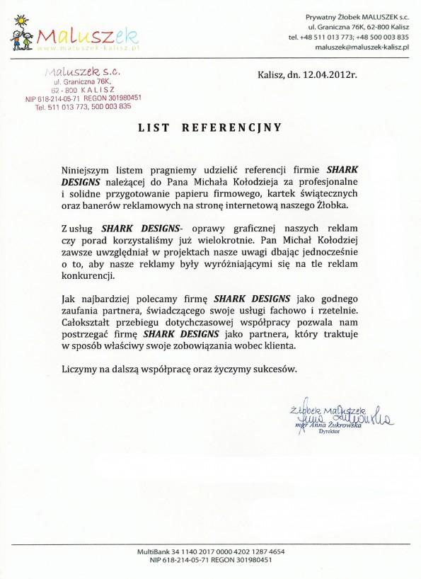 Referencja od firmy Maluszek s.c.