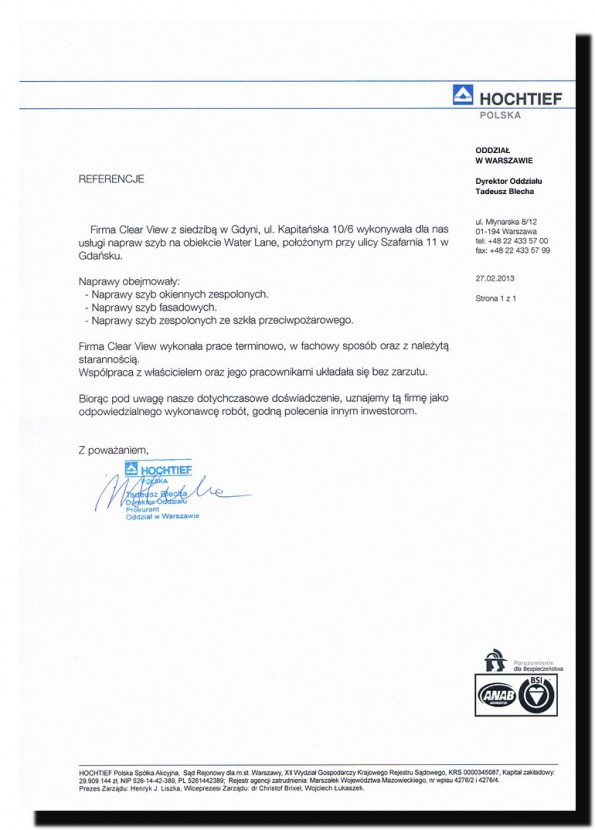 Referencja od firmy Hohtief
