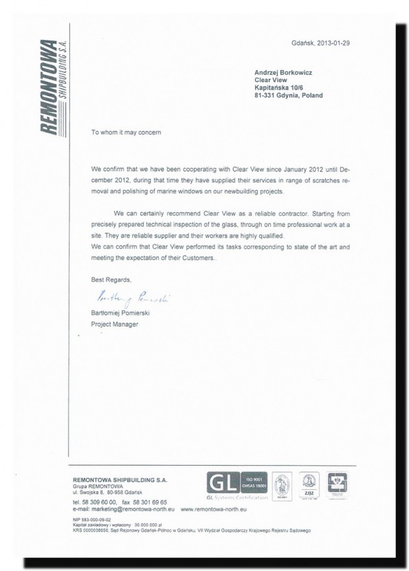 Referencja od firmy Remontowa Shipbulding