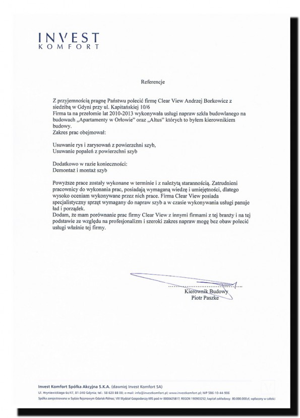 Referencja od firmy Invest Komfort