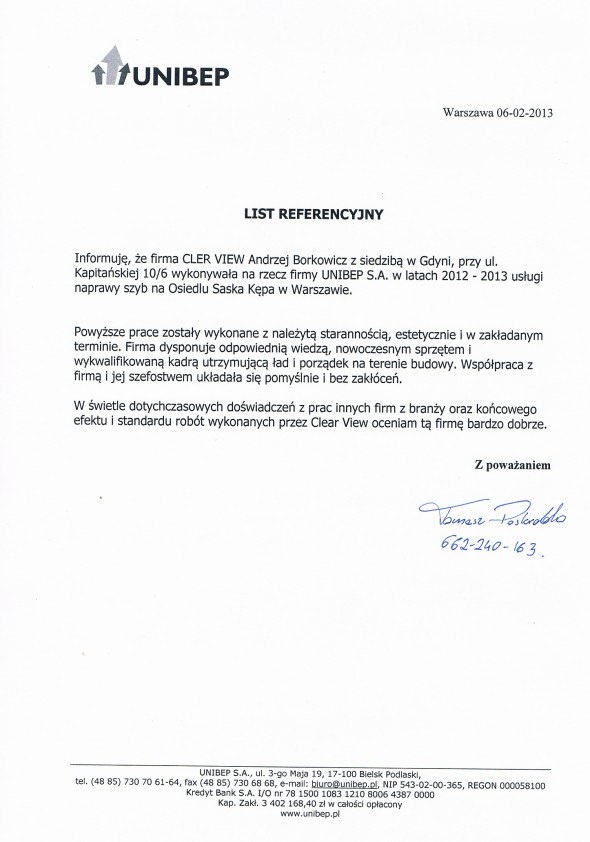 Referencja od firmy Unibep