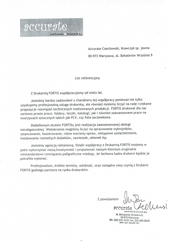 Referencja od firmy Accurate Czechowski, Krawczyk sp. jawna