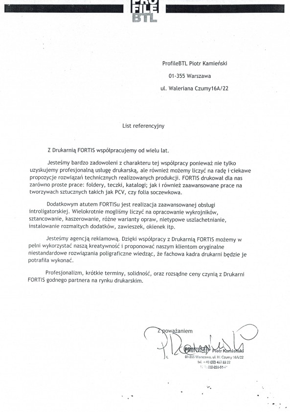 Referencja od firmy ProfileBTL Piotr Kamieński