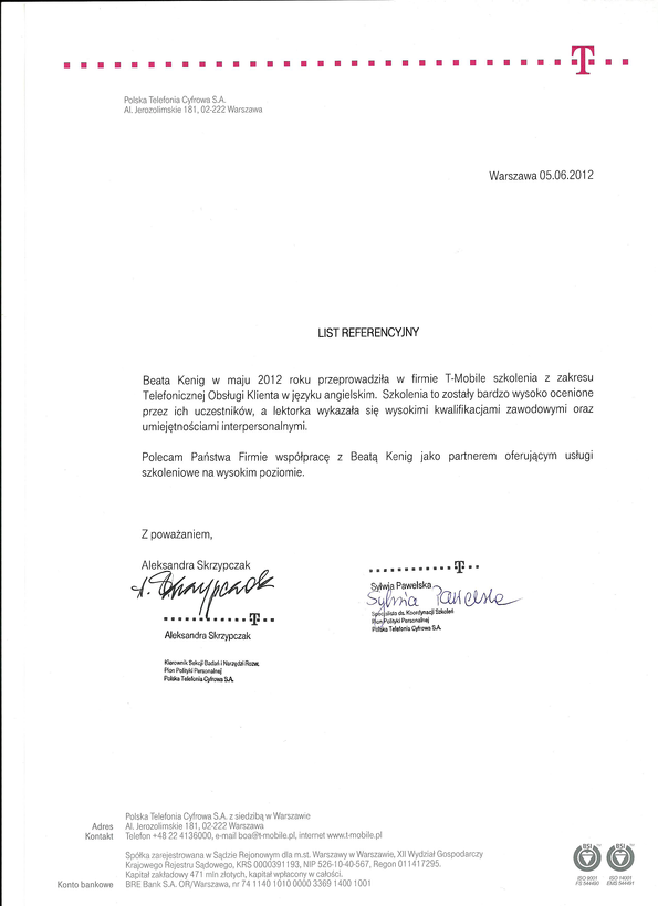 Referencja od firmy T-Mobile