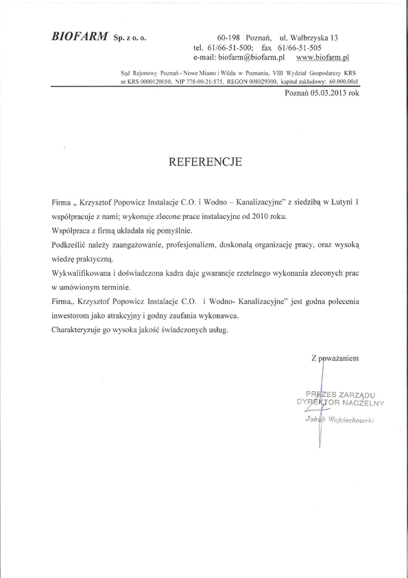 Referencja od firmy Biofarm Sp. z o.o.