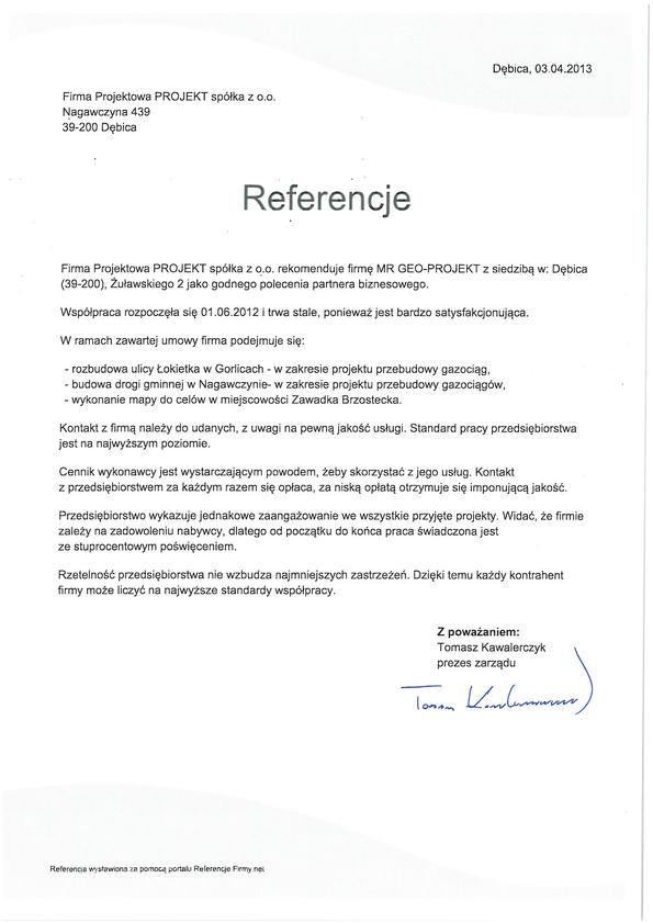 Referencja od firmy Firma Projektowa PROJEKT spółka z o.o.