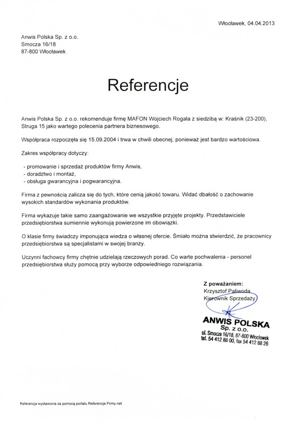 Referencja od firmy Anwis Sp.Zo.o