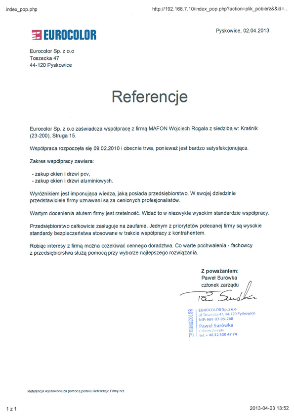 Referencja od firmy Eurocolor Sp. Zo.o