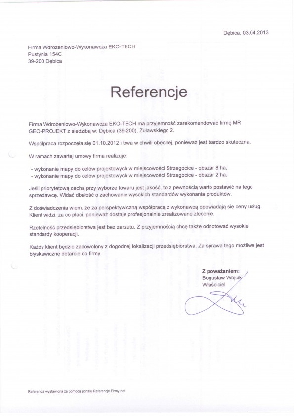 Referencja od firmy Firma Wdrożeniowo-Wykonawcza Eko-Tech