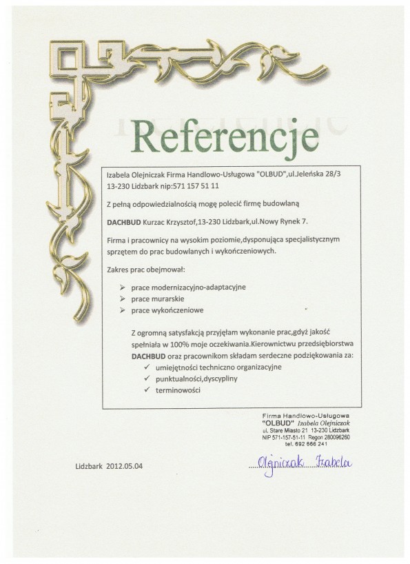 Referencja od firmy Firma Handlowo Usługowa OLBUD Izabela Olejniczak