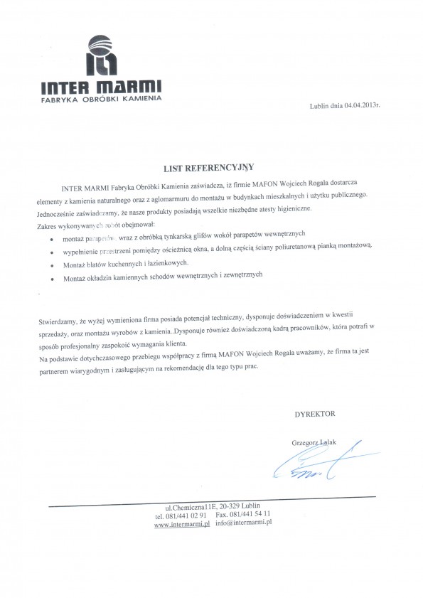 Referencja od firmy Inter Marmi