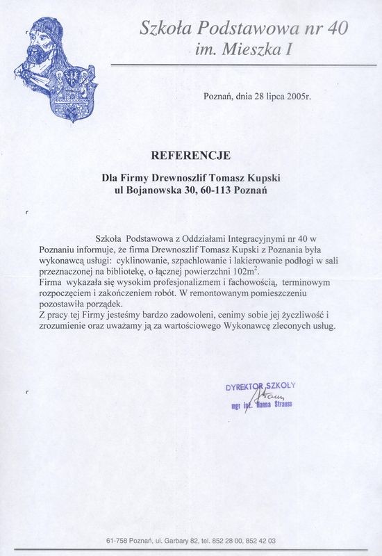 Referencja od firmy Szkoła Podstawowa nr 40 im. Mieszka I w Poznaniu