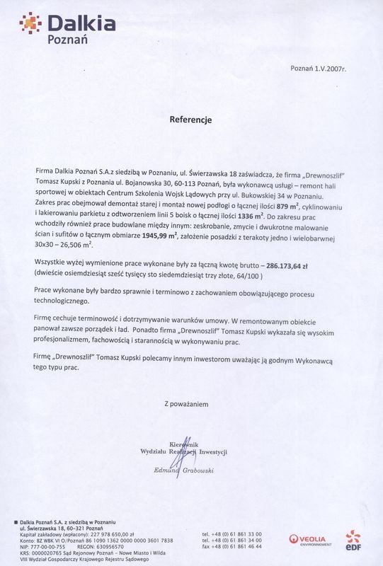Referencja od firmy Dalkia Poznań S.A.