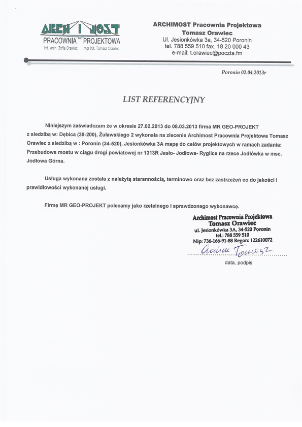 Referencja od firmy Archimost Pracownia Projektowa