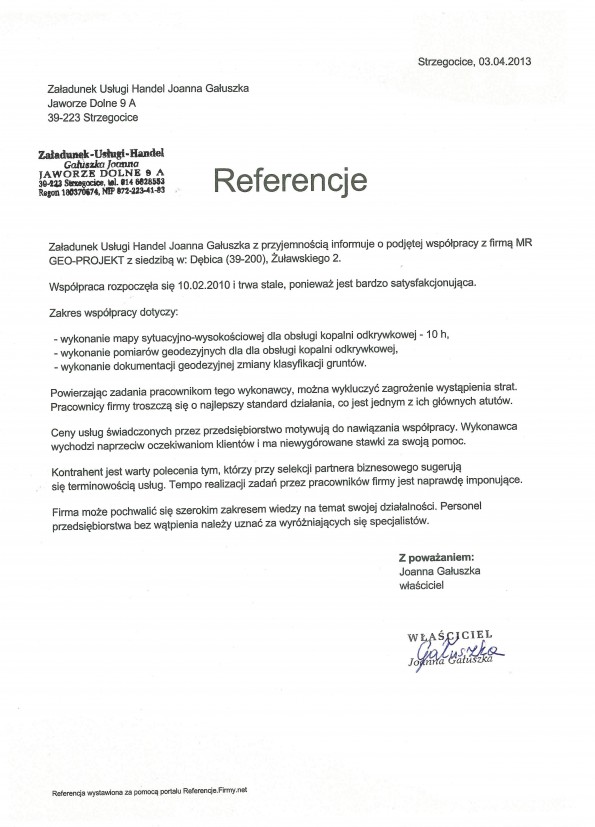 Referencja od firmy Załadunek Usługi Handel Joanna Gałuszka