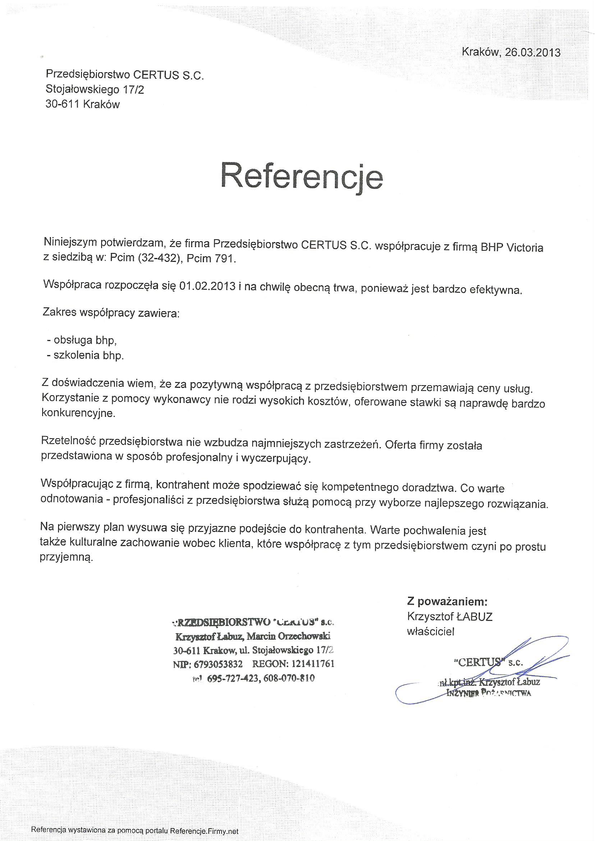 Referencja od firmy Przedsiębiorstwo "CERTUS" s.c.