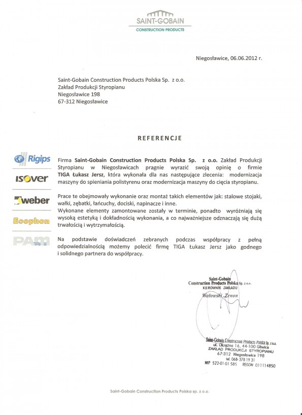 Referencja od firmy Saint-Gobain Construction Products Polska Sp. z o.o.