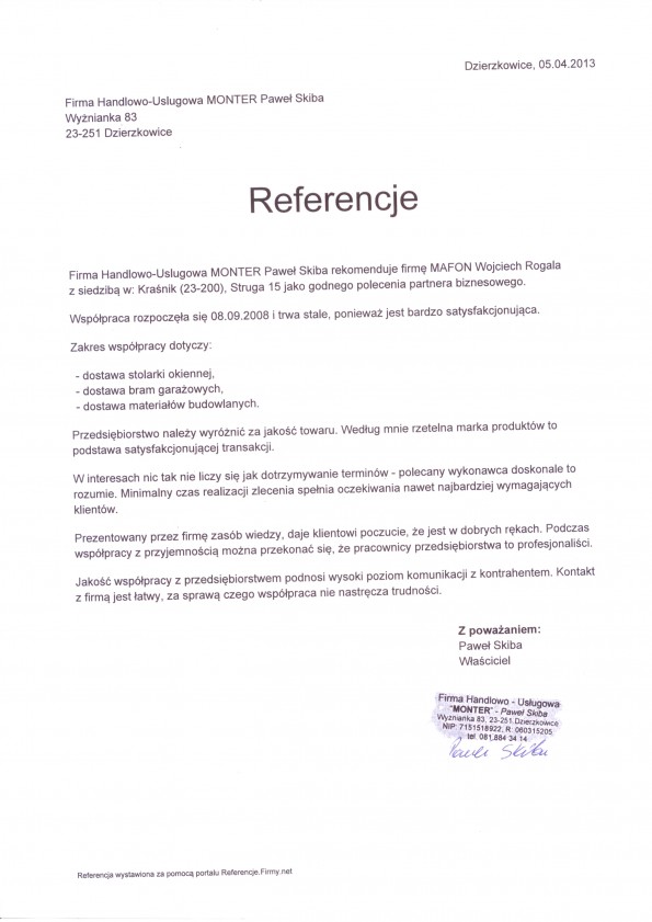 Referencja od firmy FHU MONTER Paweł Skiba