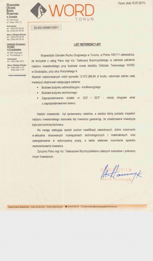 Referencja od firmy Wojewódzki Ośrodek Ruchu Drogowego w Toruniu