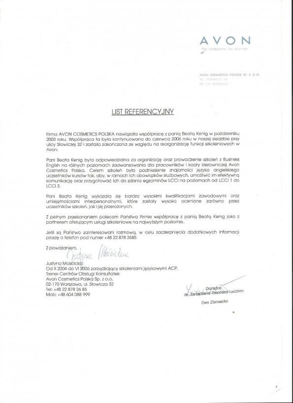 Referencja od firmy Avon Cosmetics Polska