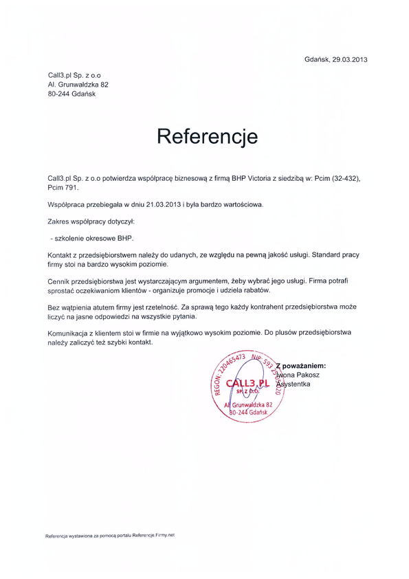 Referencja od firmy Call3.pl Sp. z o.o.