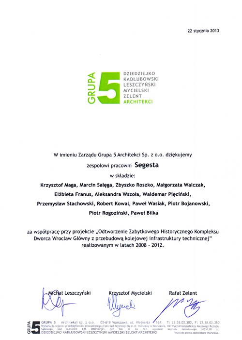 Referencja od firmy Grupa 5 Architekci Sp.z o.o.