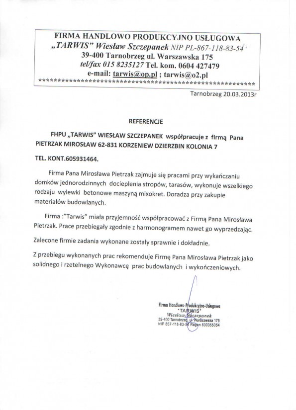 Referencja od firmy Tarwis