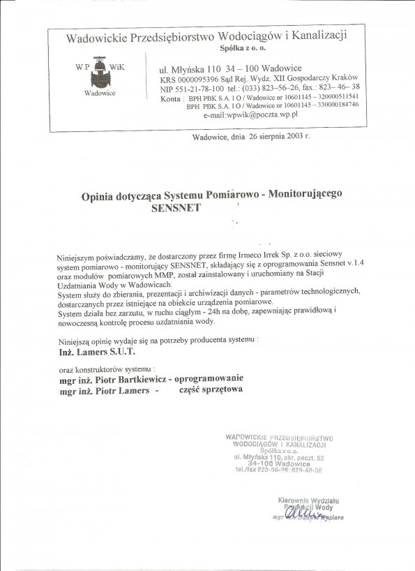 Referencja od firmy WPWiK - Wadowice Sp. z o.o.