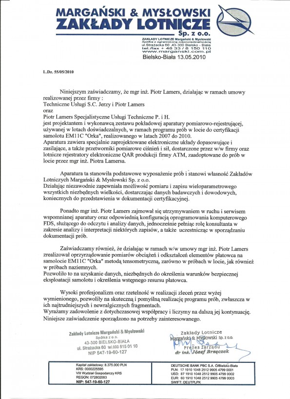 Referencja od firmy ZAKŁADY LOTNICZE Margański&Mysłowski Sp. z o.o.