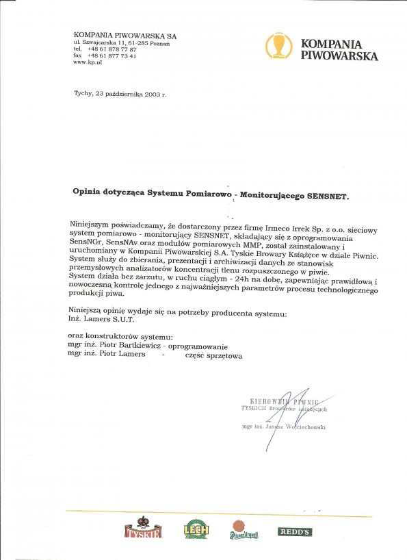 Referencja od firmy Kompania Piwowarska S.A.