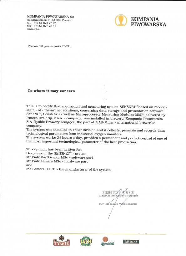 Referencja od firmy Kompania Piwowarska S.A.