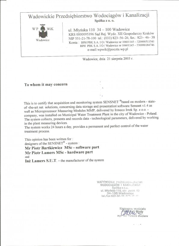 Referencja od firmy WPWiK - Wadowice Sp. z o.o.