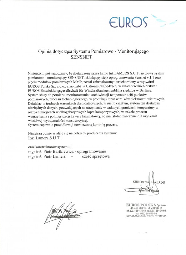 Referencja od firmy EUROS POLSKA Sp. z o.o.